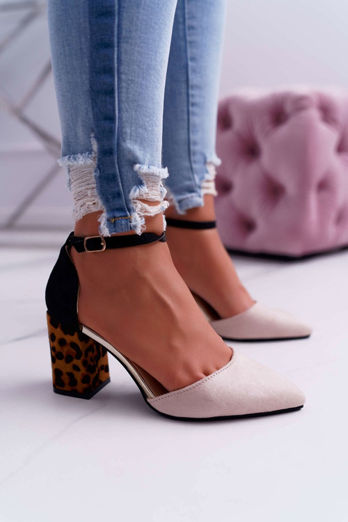 Czółenka Damskie Na Słupku Panterki Beżowe Ferri