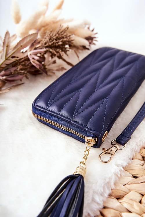 Duży Portfel Pikowany Na Suwak Z Paseczkiem Granatowy