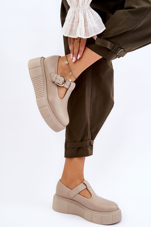 Zazoo 20102 Modne Skórzane Półbuty Na Masywnej Platformie Beżowe