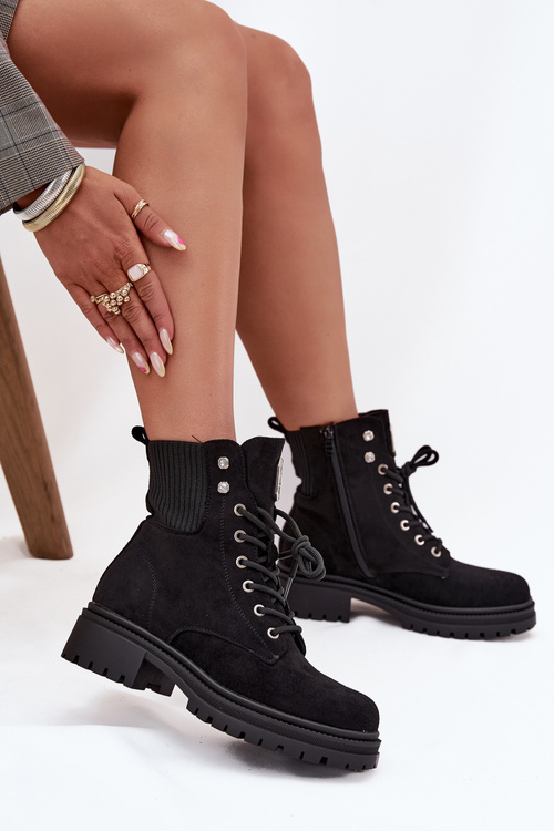 Botki Workery Damskie Ocieplane Z Ozdobami Czarne Olivira