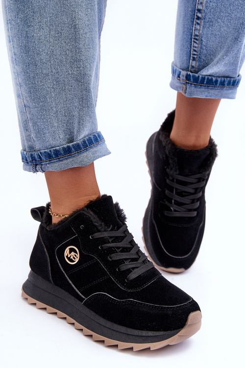 Ocieplane Skórzane Buty Sportowe Na Platformie Czarne Adite