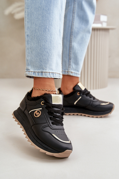Buty Sportowe Damskie Ocieplane Futerkiem Na Platformie Czarne Lerisas