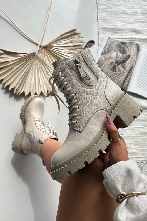 Skórzane Botki Damskie Na Klocku Ocieplane Vinceza 86418 Beżowe