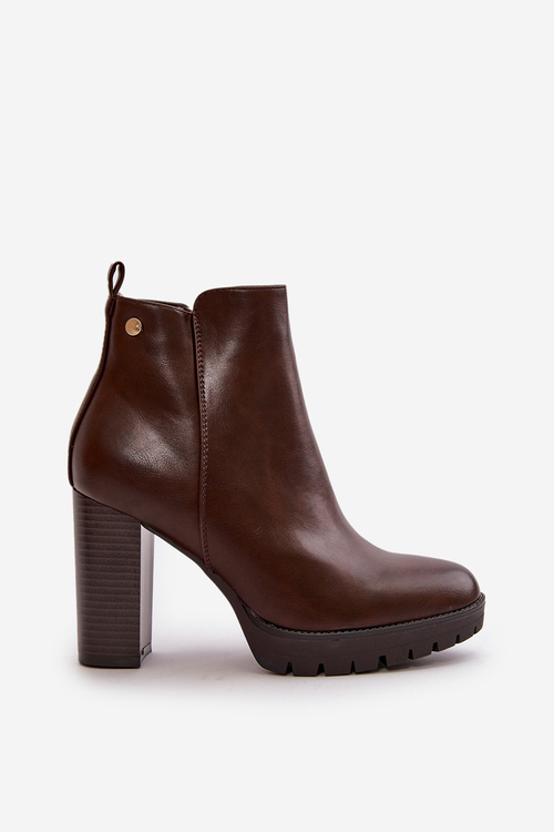 Botki Damskie Ocieplane Na Wysokim Słupku Zapinane Na Zamek Ciemnobrązowe Bioria