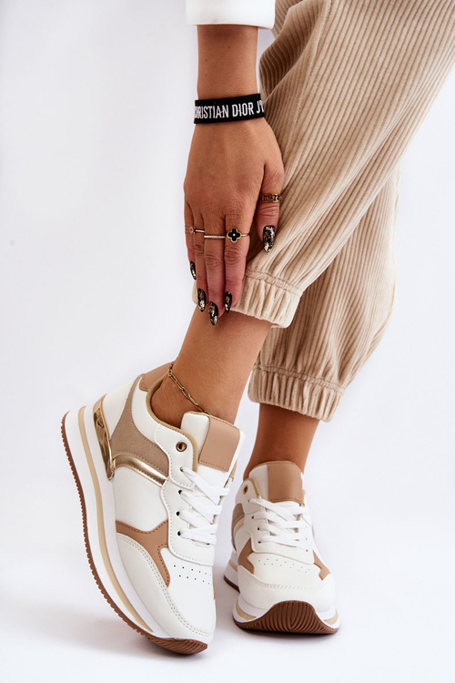 Damskie Modne Buty Sportowe Na Koturnie Biało-Beżowe Yuki