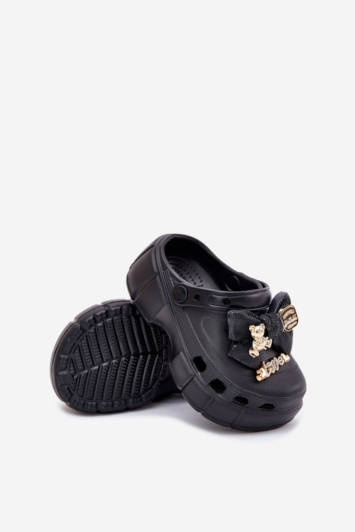 Klapki Dziecięce Dziewczęce Piankowe Z Kokardką I Ozdobami Czarne Selvana