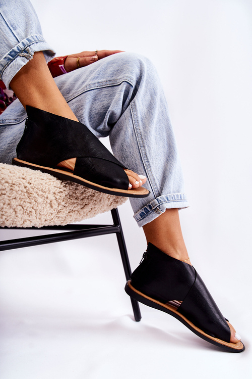 Damskie Skórzane Sandały Na Szeroką Stopę Czarne Catalise