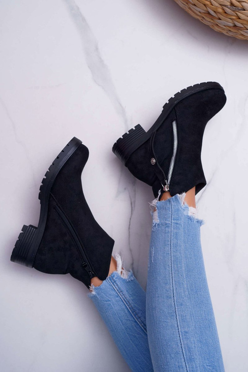 Botki Damskie Ciepłe Zamszowe Dwa Suwaki Czarne Ohoo