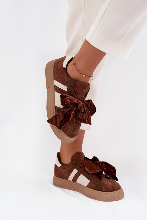 Sneakersy Damskie Z Welurową Kokardą Brązowe Ashlyn