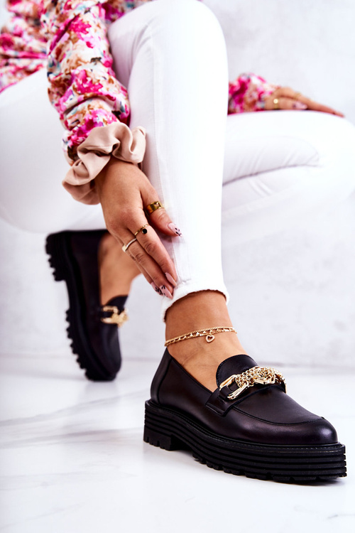 Damskie Półbuty Złota Ozdoba Skórzane Laura Messi 2383 Czarne