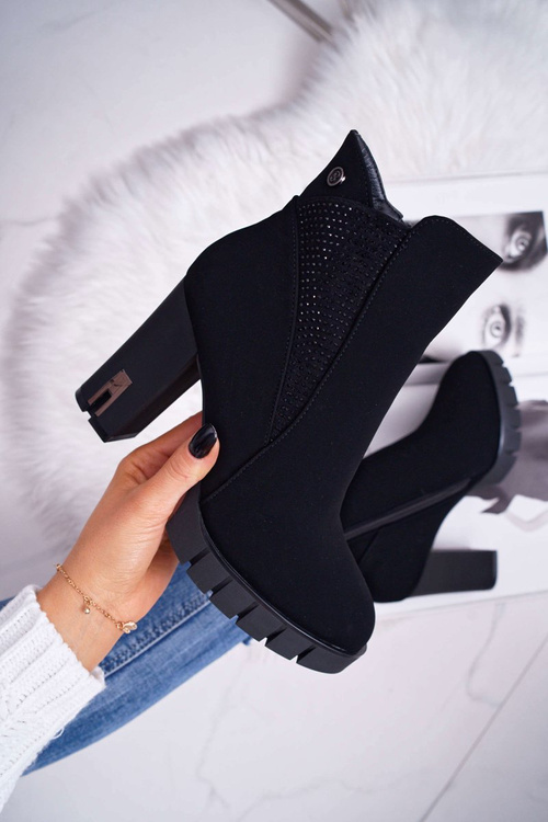 Botki Damskie na Słupku Platformie Z Cyrkoniami Czarne Deren