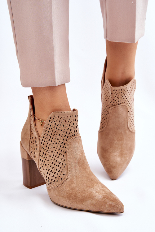 Modne Zamszowe Ażurowe Botki Na Obcasie Beżowe Genevi
