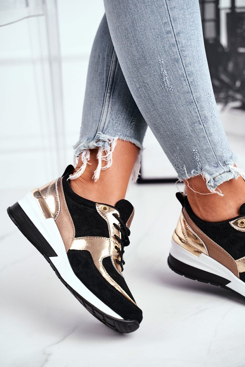 Skórzane Sneakersy Na Koturnie Vinceza 7777 Czarno-Złote