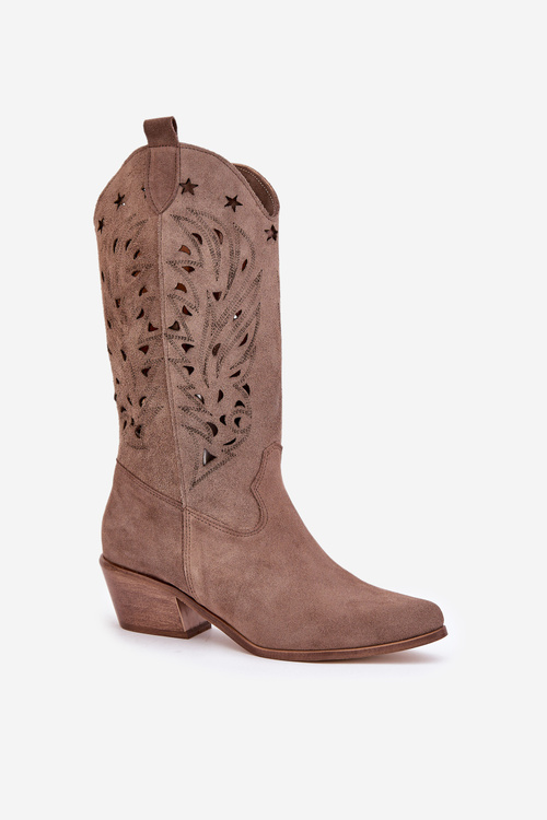 Zamszowe Kozaki Z Ażurową Cholewką Zazoo 3609 Brązowe