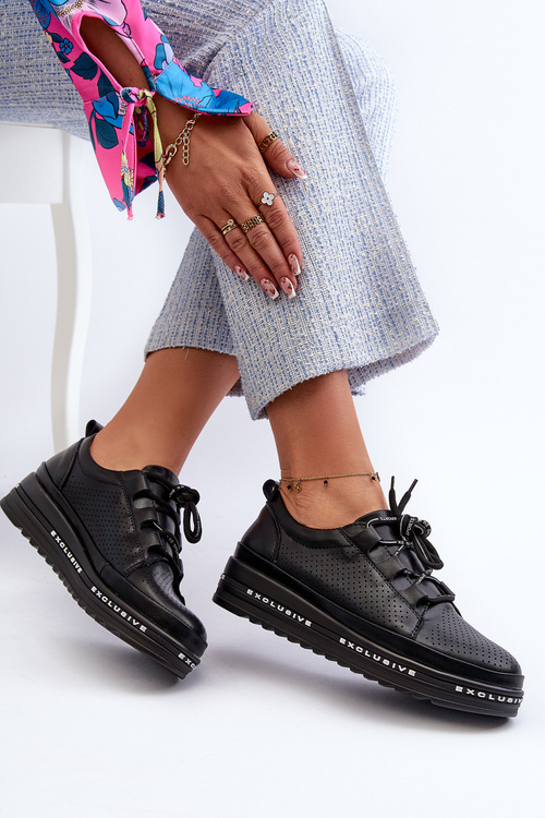 Skórzane Półbuty Damskie Na Platformie S.Barski LR769A Czarne