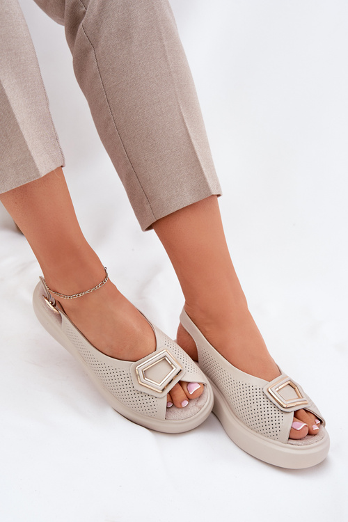 Skórzane Sandały Damskie Z Ozdobą S.Barski LR51-786 Beżowe