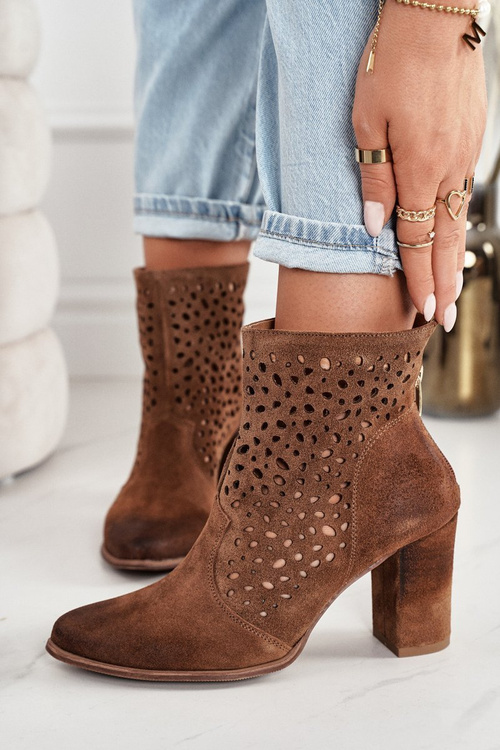 Ażurowe Botki Na Słupku Zamszowe Exquisite 1219 Koniak