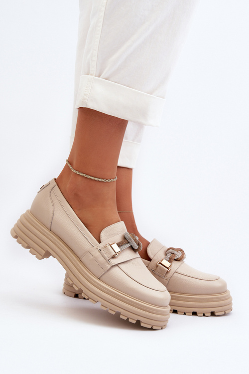 Skórzane Mokasyny Damskie Z Ozdobą Laura Messi 2780 Beżowe