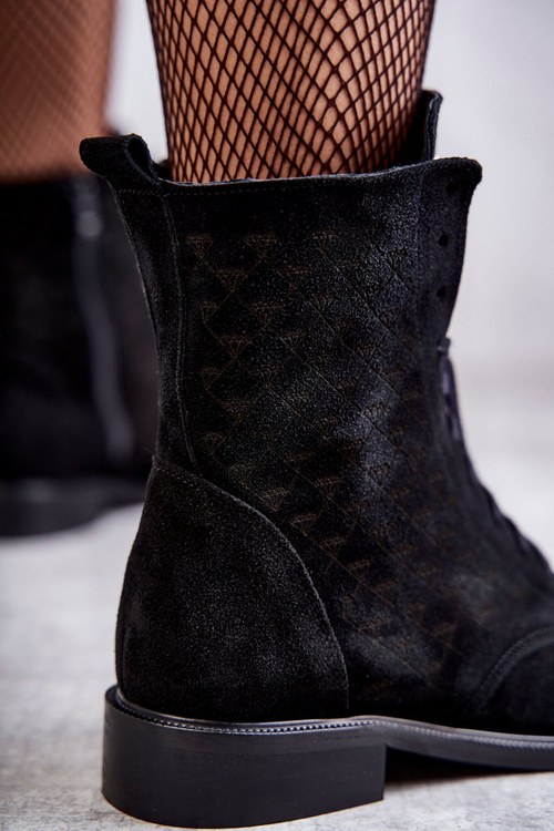 Sznurowane Zamszowe Botki Nicole 2751 Czarne