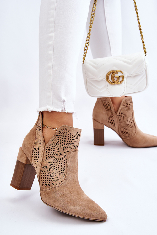 Ażurowe Zamszowe Botki Na Obcasie Beżowe Leanna