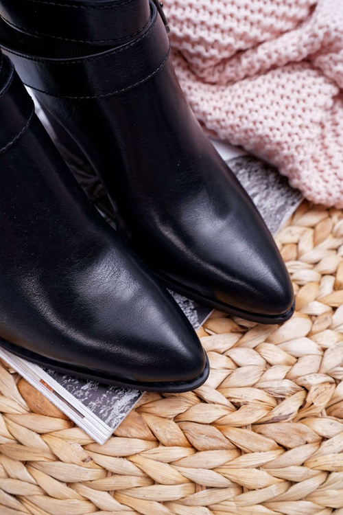 Damskie Botki Na Słupku Klamry W Szpic Czarne Fello