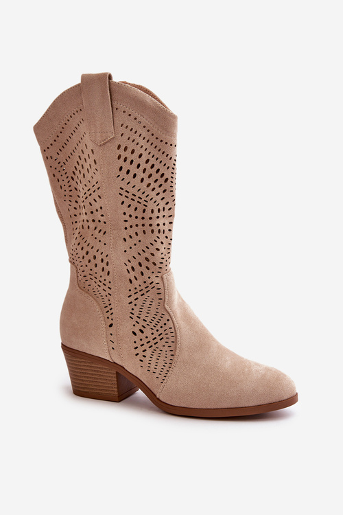 Ażurowe Damskie Botki Kowbojki Na Obcasie Beżowe Iceda