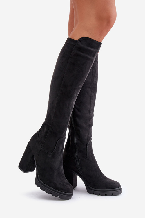 Ocieplane Kozaki Damskie Na Słupku Eko Zamszowe Czarne Tirisha