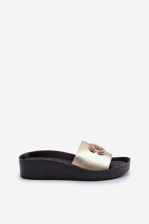 Eleganckie Lekkie Klapki Damskie Z Ozdobą Skóra Naturalna S.Barski KV27-013 Złote