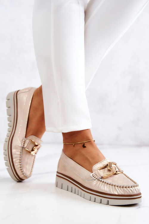 Damskie Skórzane Mokasyny Na Platformie Złote Venesia