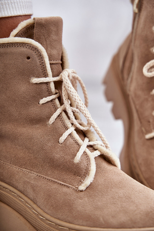 Zamszowe Ocieplane Botki Sznurowane Beżowe Lemar Elisabeth