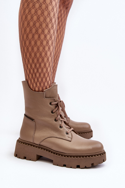 Skórzane Botki Trapery Damskie Na Suwak Zazoo 949P Ciemnobeżowe