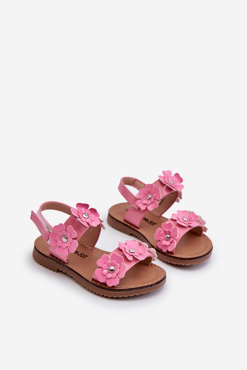Lakierowane Sandałki Dziecięce Ozdobione Kwiatkami Różowe Tinette