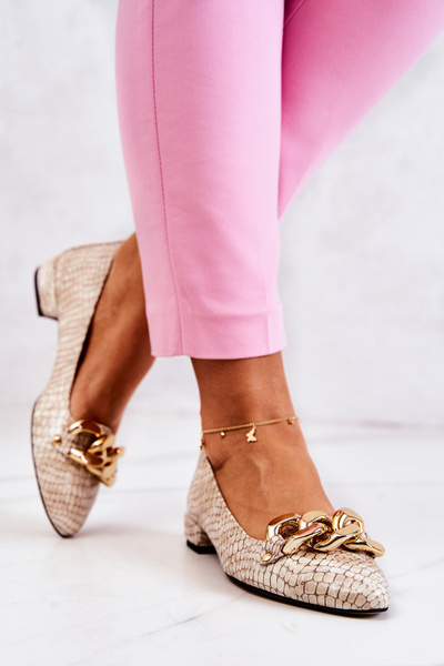 Skórzane Lakierowane Wężowe Czółenka Beżowe Elissabeth