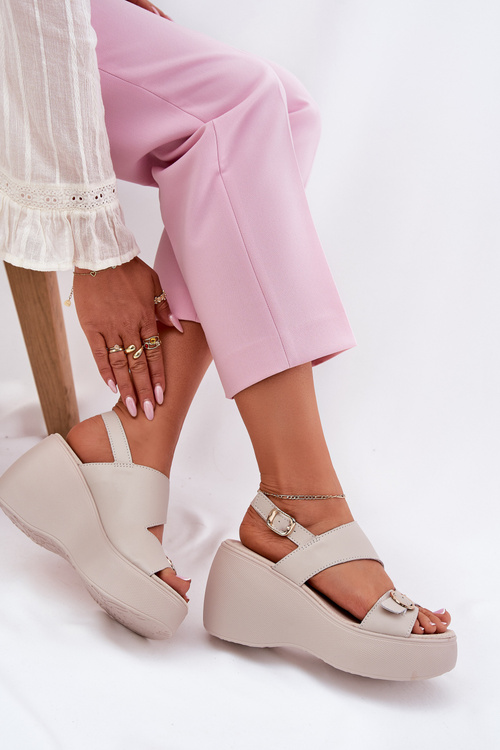 Skórzane Sandały Damskie Na Koturnie I Platformie S.Barski LR51-540 Beżowe