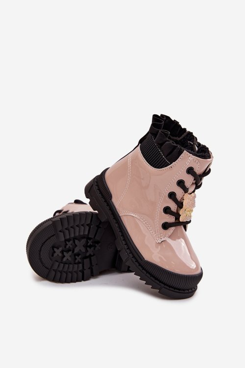 Lakierowane Botki Dziecięce Ocieplane Z Przypinką Miś Beżowe Fionessa