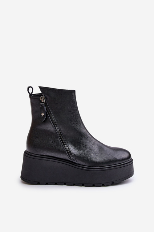 Ocieplane Botki Damskie Na Koturnie I Platformie Skóra Naturalna Czarne Vinceza 58340