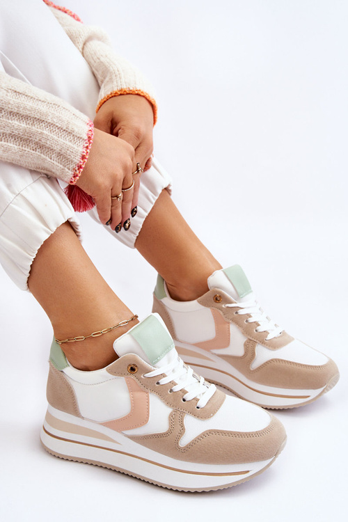 Damskie Buty Sportowe Na Koturnie Biało-Beżowe Neva