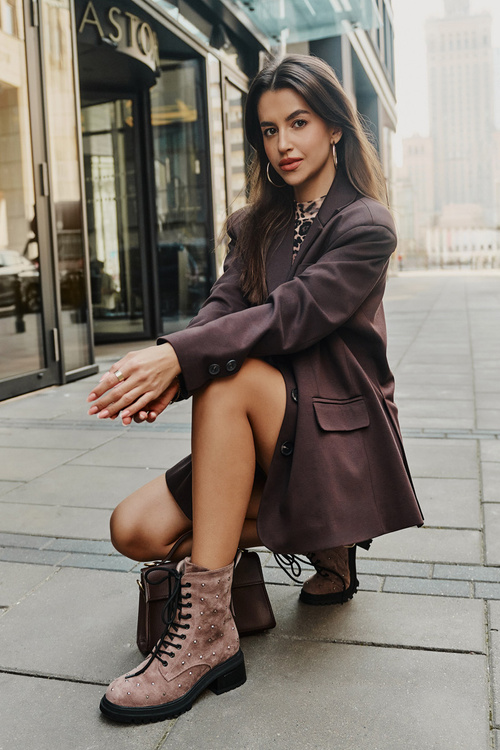 Zdobione Botki Workery Damskie Ocieplane D&A MR880-017 Taupe