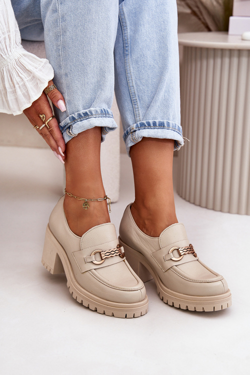 Zazoo 20175 Półbuty Damskie Na Słupku Skóra Naturalna Jasnobeżowe