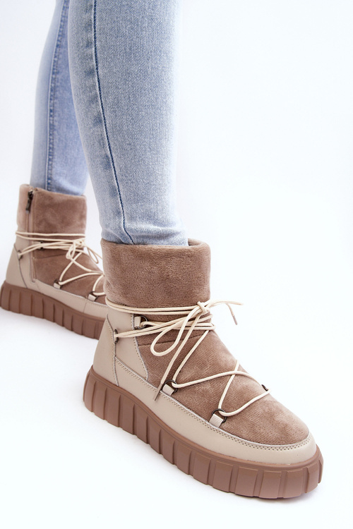 Skórzane Śniegowce Botki Na Platformie Beżowe Maxava