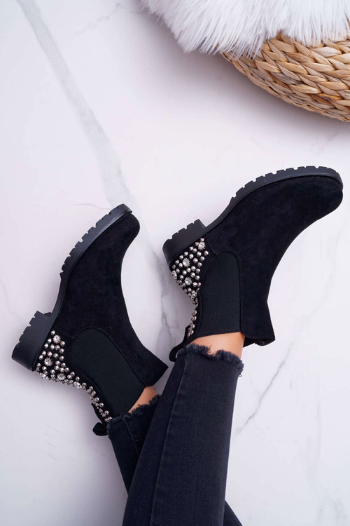 Botki Damskie Płaski Obcas Dżety Ćwieki Czarne Binary