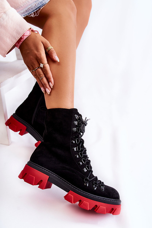 Ocieplane Zamszowe Botki Workery Wiązane Czarno-Czerwone Pierro