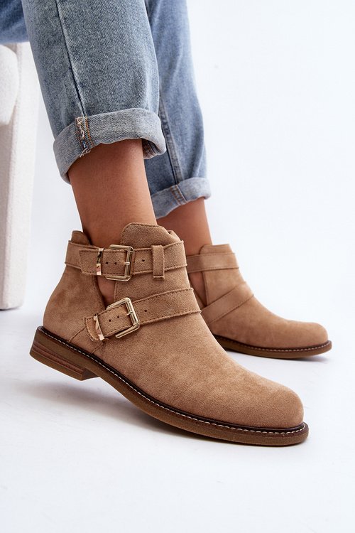 Damskie Botki Na Płaskim Obcasie Z Paskami Beżowe Melviana