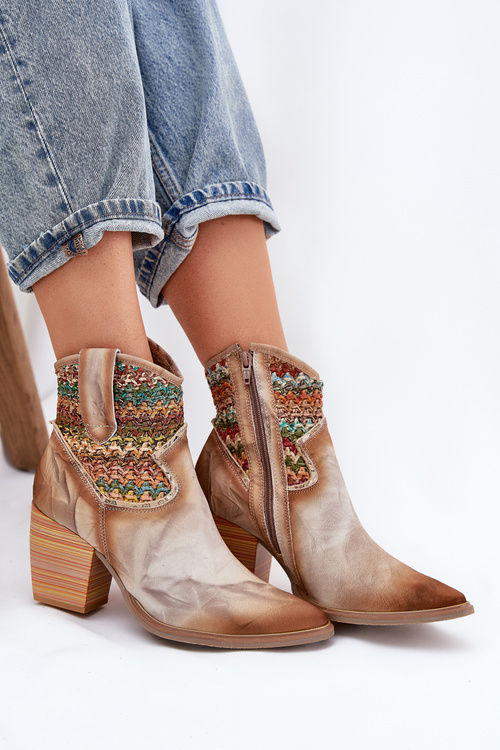 Skórzane Botki Kowbojki Na Słupku Z Ozdobną Plecionką Maciejka 06810-29 Multikolor