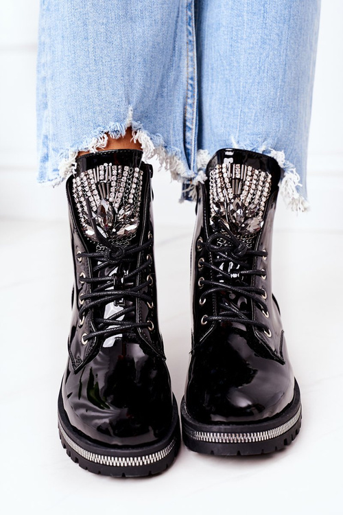 Lakierowane Ocieplane Workery Z Cyrkoniami Czarne Attention