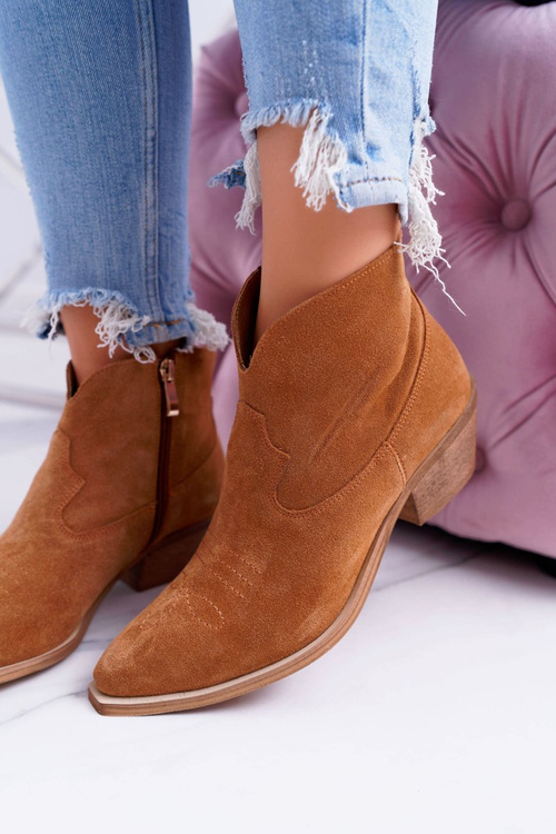 Botki Damskie Płaski Obcas Wiosenne Skórzane Kowbojki Camel Batty