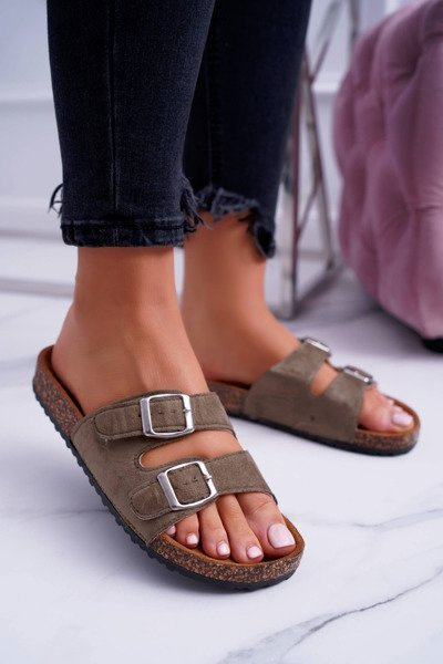 Oliwkowe Zamszowe Korkowe Damskie Klapki Klamry Beatris