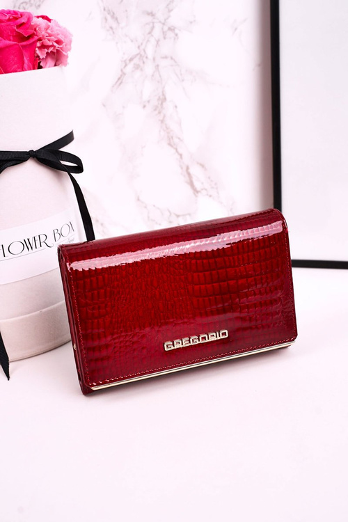 Duży Skórzany Portfel Damski GREGORIO Lakierowany Czerwony