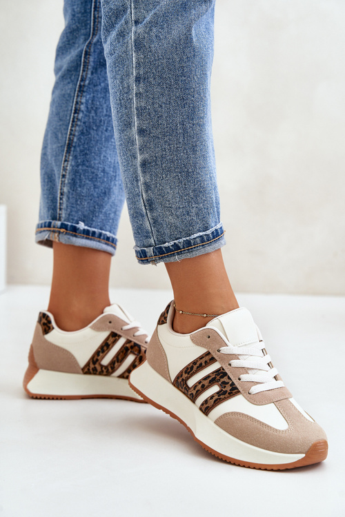 Sneakersy Buty Sportowe Na Platformie Panterka Damskie Beżowe Thari