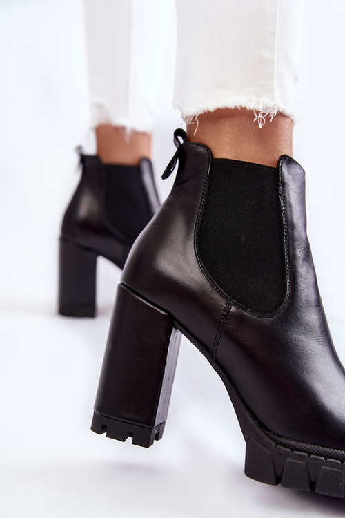 Skórzane Botki Gładkie Na Słupku Czarne Eldey